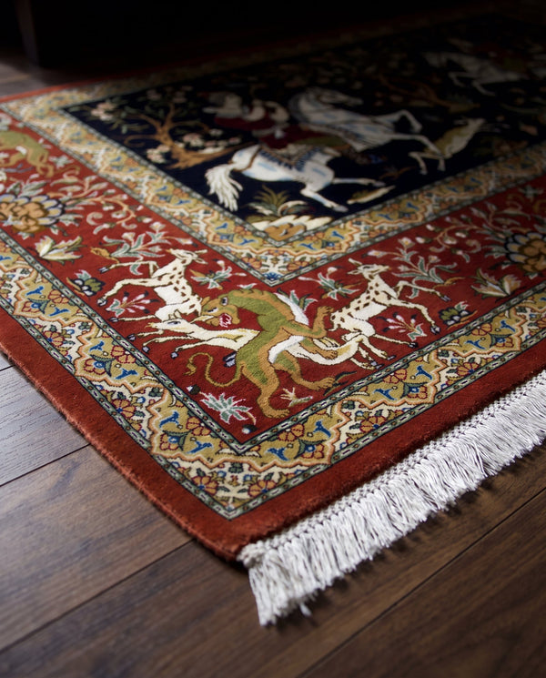 EXQUISITE QOM SILK HUNTING SCENE BY MASTER JAFARI