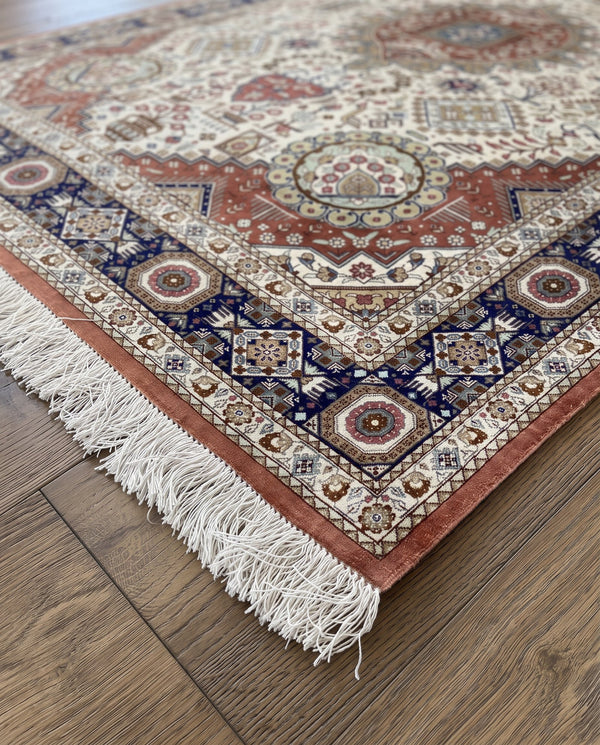 Pure Silk Qom Persian Rug by Master Jamshidi – Ivory Medallion