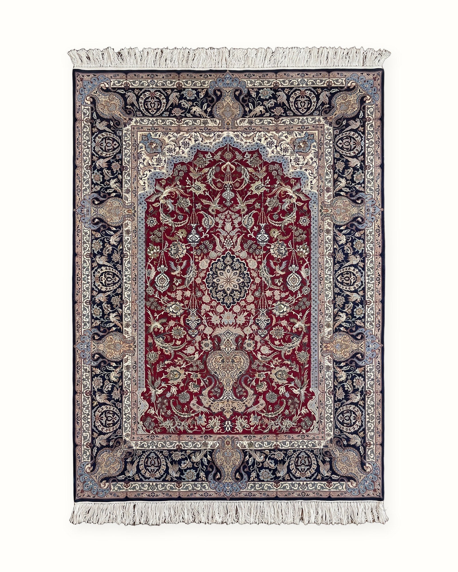 Fine Isfahan Persian Rug – Red Vase and Bird Design, whole rug