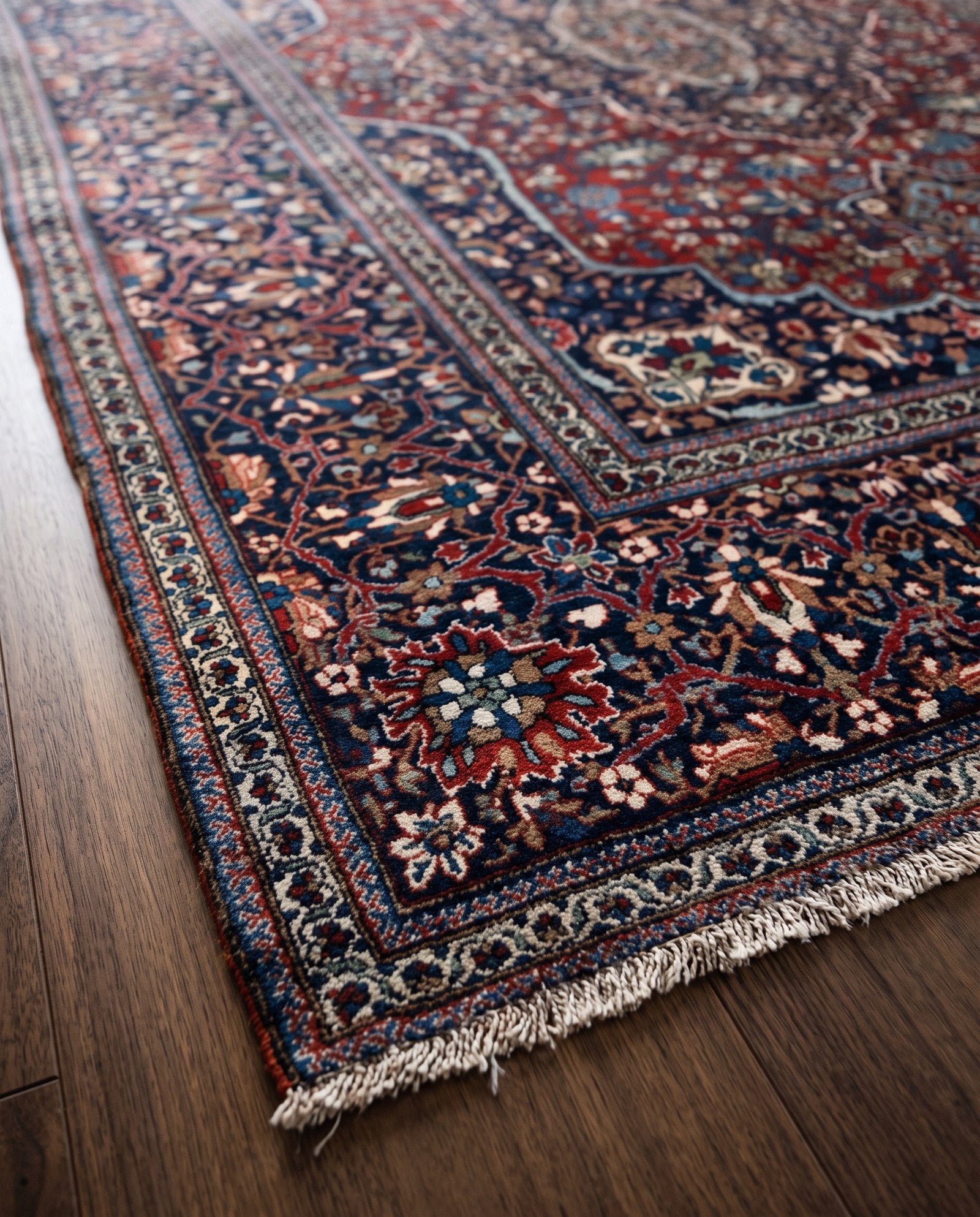 Fine Antique Kashan Persian Rug, Mohtasham Quality – circa 1890–1905, corner
