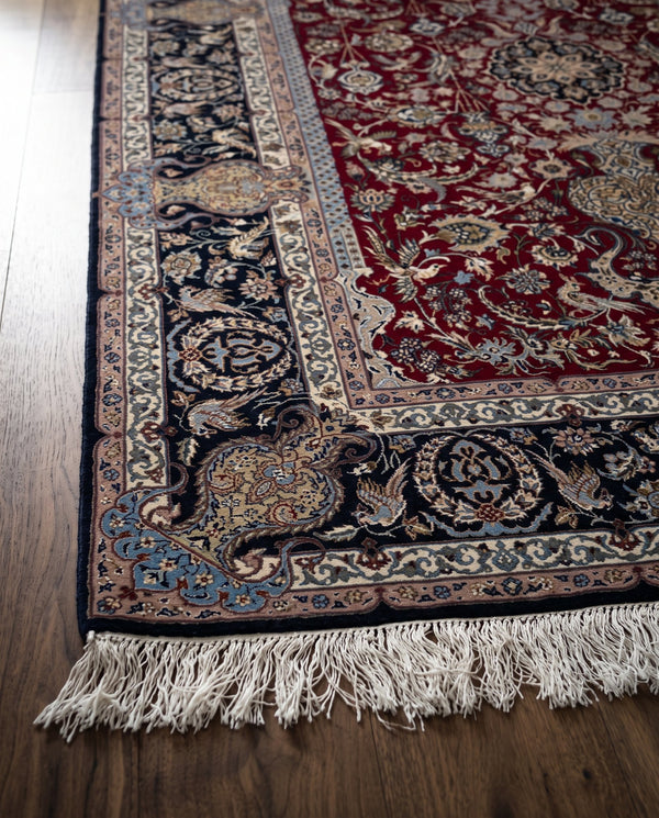 Fine Isfahan Persian Rug – Red Vase and Bird Design