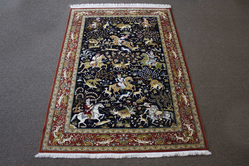 EXQUISITE QOM SILK HUNTING SCENE BY MASTER JAFARI