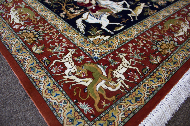 EXQUISITE QOM SILK HUNTING SCENE BY MASTER JAFARI