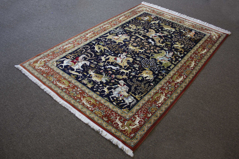 EXQUISITE QOM SILK HUNTING SCENE BY MASTER JAFARI