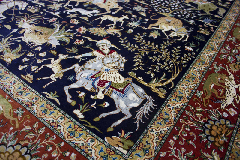 EXQUISITE QOM SILK HUNTING SCENE BY MASTER JAFARI
