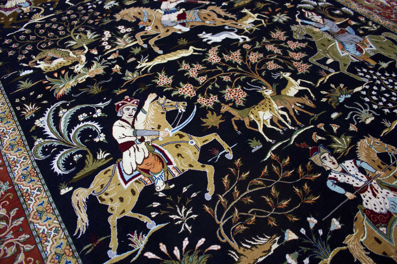 EXQUISITE QOM SILK HUNTING SCENE BY MASTER JAFARI