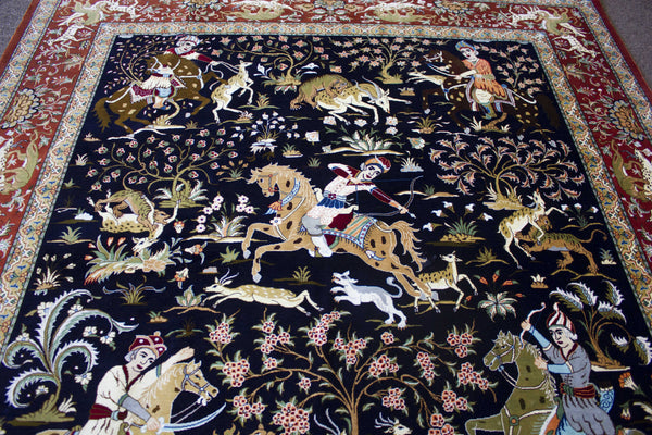 EXQUISITE QOM SILK HUNTING SCENE BY MASTER JAFARI