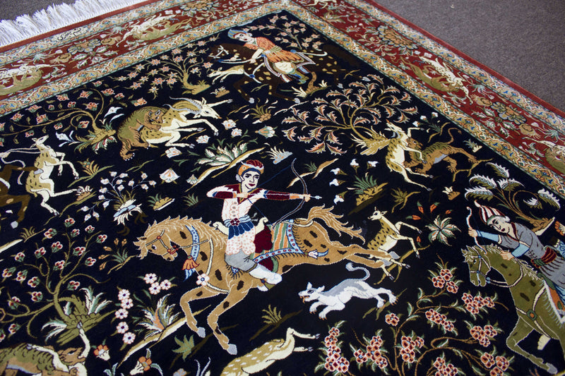 EXQUISITE QOM SILK HUNTING SCENE BY MASTER JAFARI