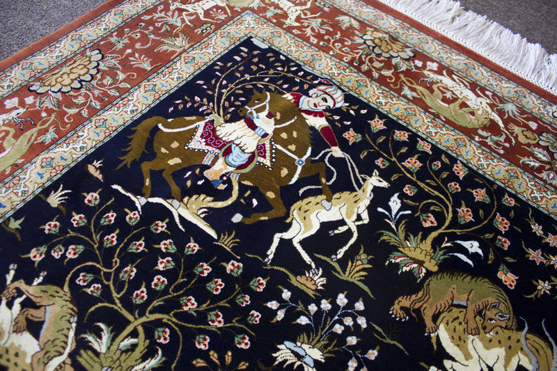 EXQUISITE QOM SILK HUNTING SCENE BY MASTER JAFARI