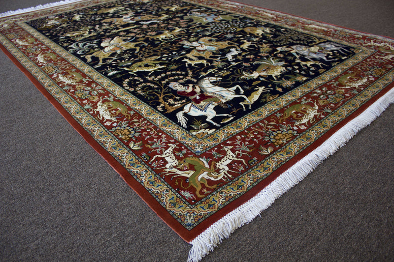 EXQUISITE QOM SILK HUNTING SCENE BY MASTER JAFARI