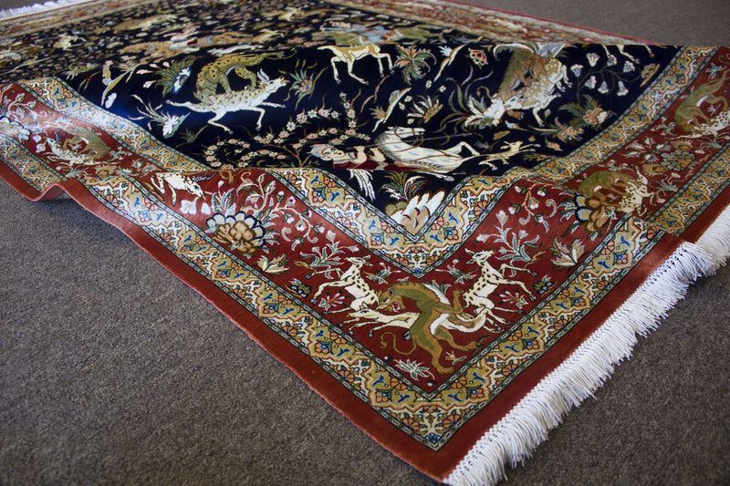EXQUISITE QOM SILK HUNTING SCENE BY MASTER JAFARI