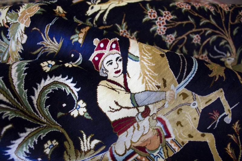 EXQUISITE QOM SILK HUNTING SCENE BY MASTER JAFARI